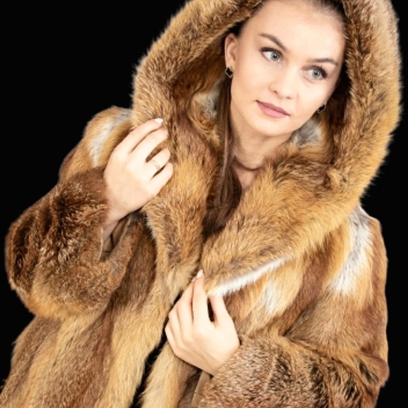 LUXURY REAL RED FOX COAT FUR JACKET W/ HOOD, SZ M - Picture 5 of 16